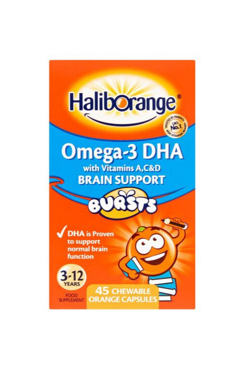 Haliborange Omega 3 DHA Brain Support Bursts 45 Chewable Orange Capsules 